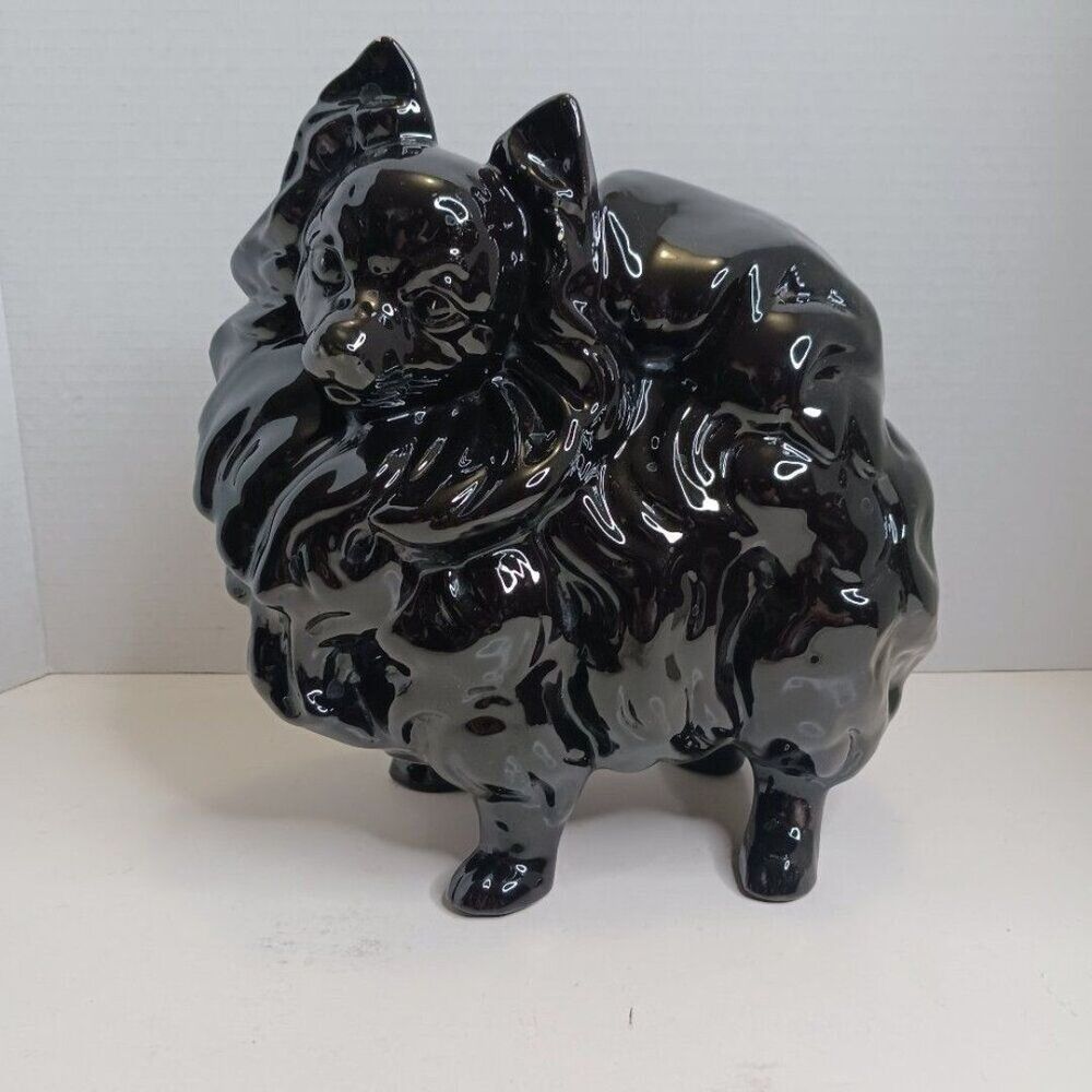 Vintage Large Black Ceramic Pomeranian Dog Figure Ceramic Statue 1978